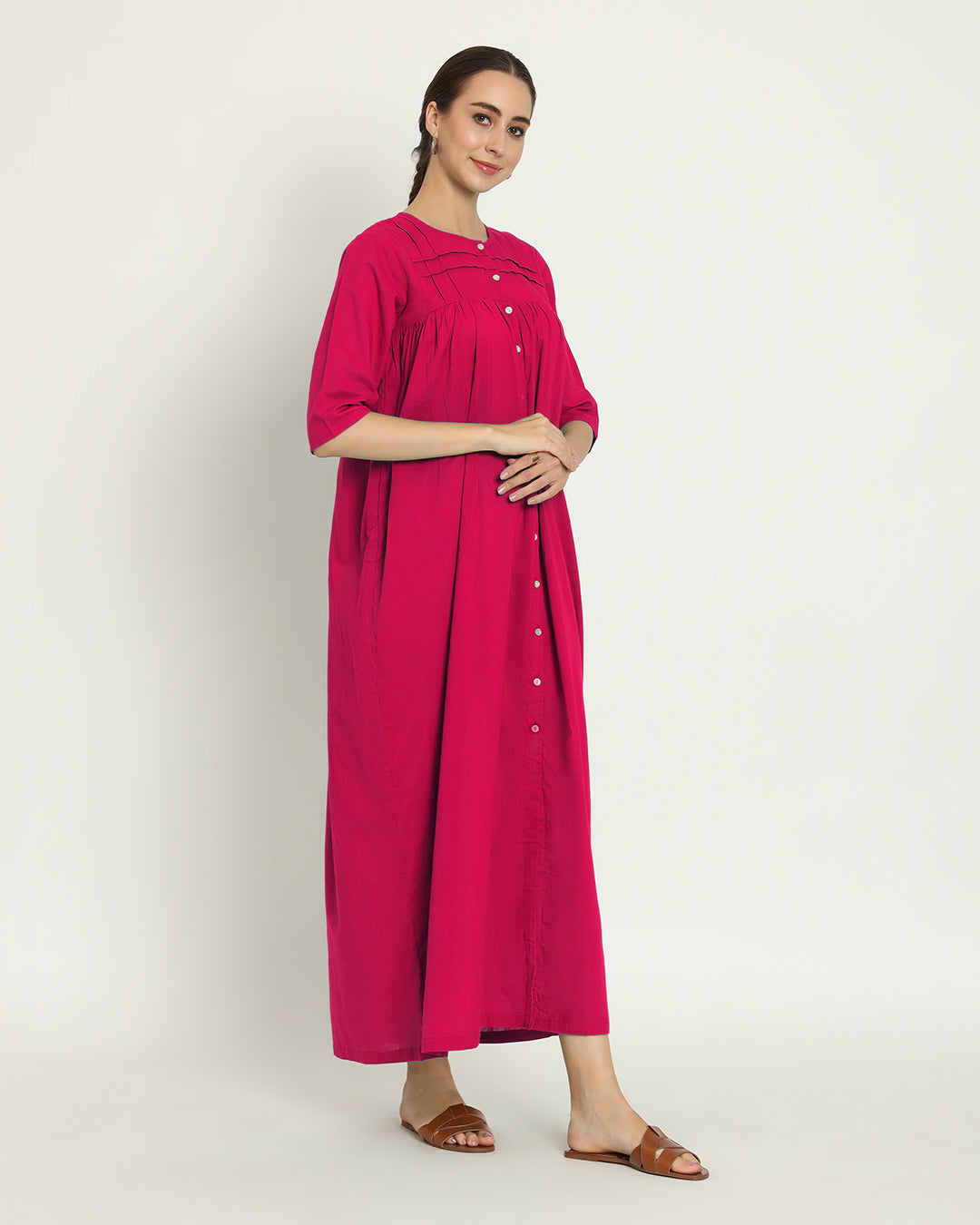 Combo: Russet Red & Queen's Gulabi Pleated Paradise Maxi Nightdress- Set Of 2
