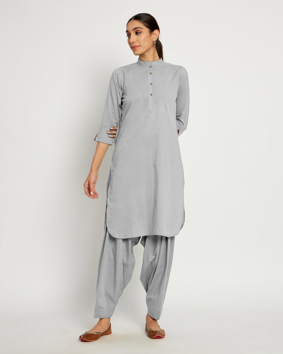 Iced Grey Band Collar Neck Solid Kurta (Without Bottoms)