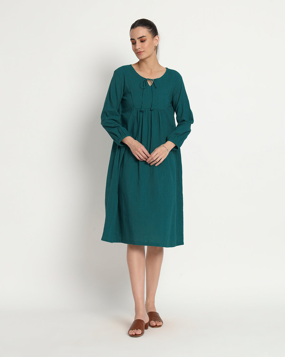 Deep Teal Playful Tie-Up Neck Dress