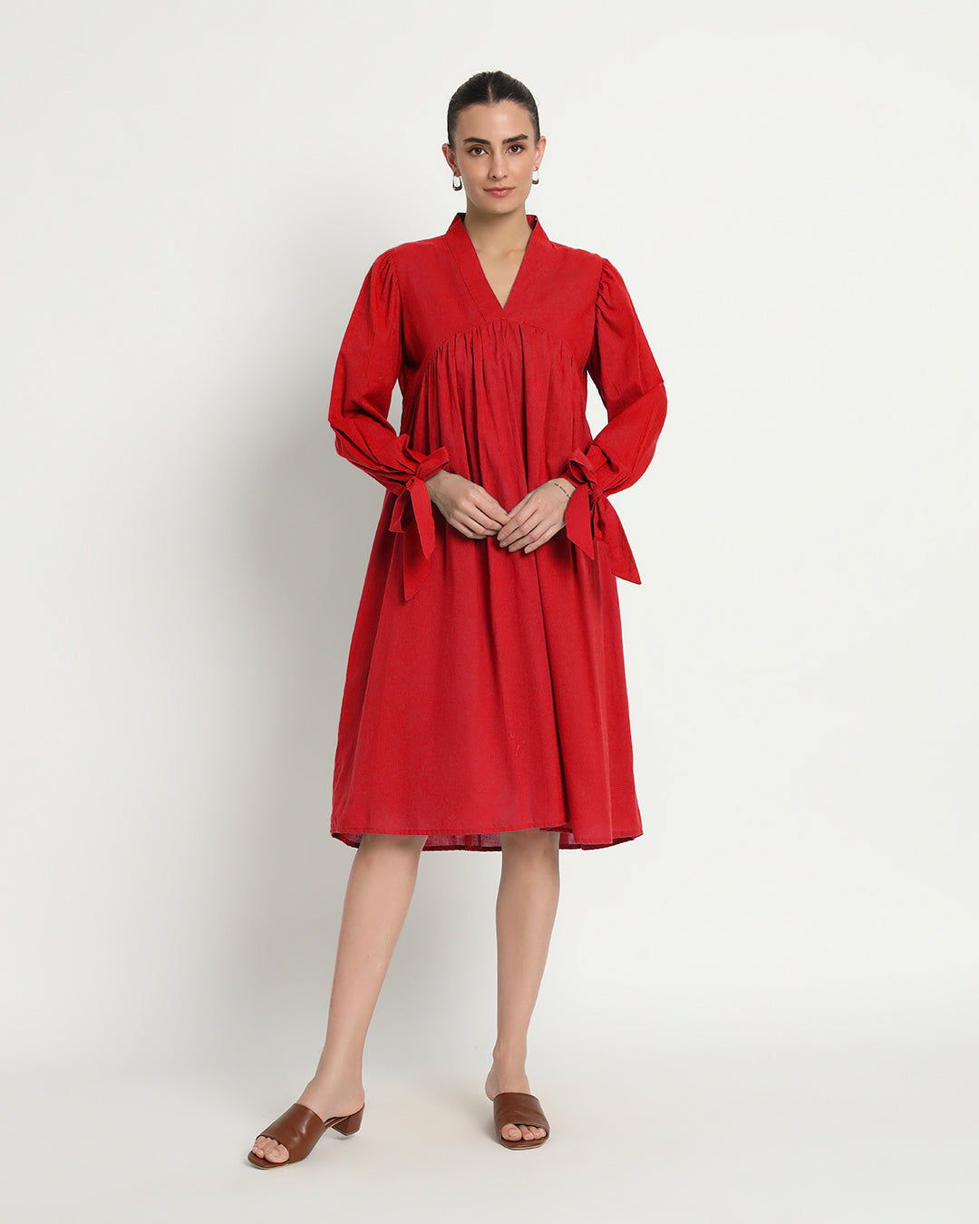 Classic Red Bowtiful Gathering V Neck Dress