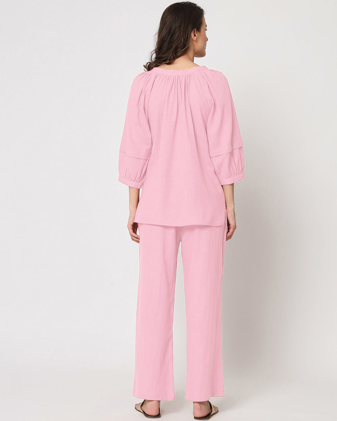 Pink Mist Button Neck Solid Top (Without Bottoms)