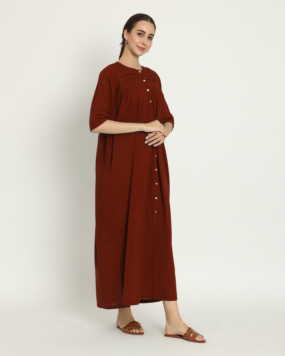 Combo: Russet Red & Queen's Gulabi Pleated Paradise Maxi Nightdress- Set Of 2