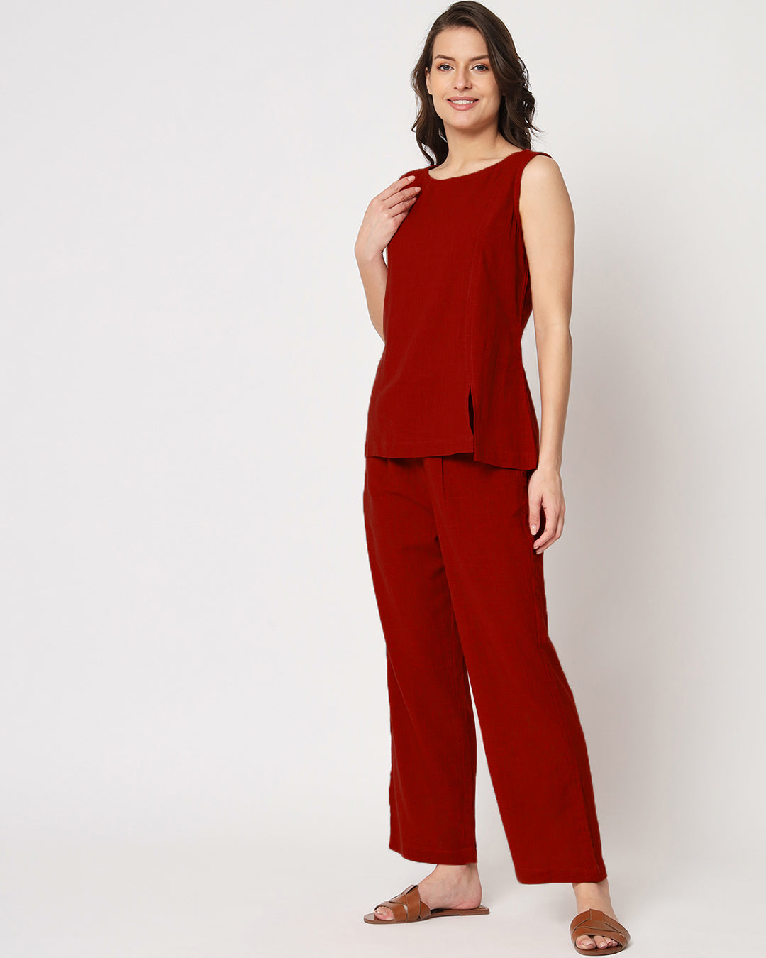 Classic Red Sleeveless Short Length Solid Top (Without Bottoms)