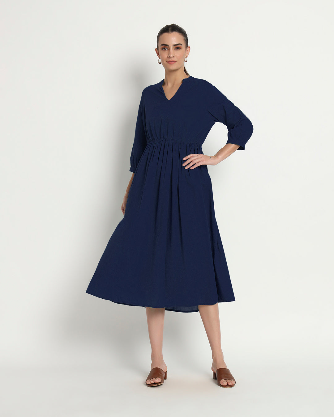 Midnight Blue Gathered V-Neck Stretch Dress