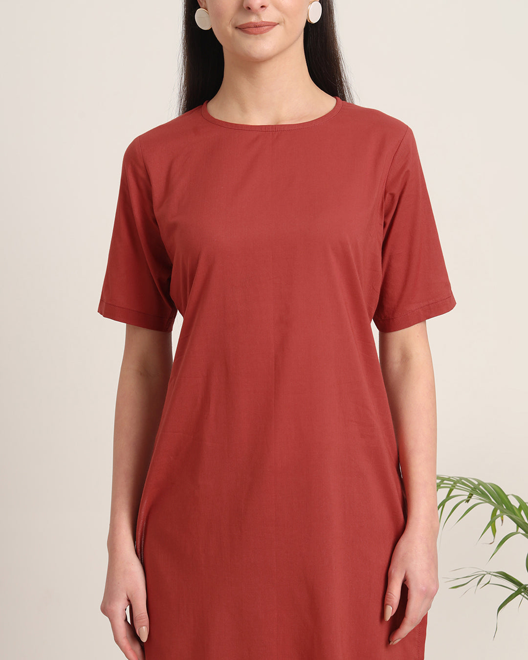 Russet Red Round Neck Long Solid Kurta (Without Bottoms)
