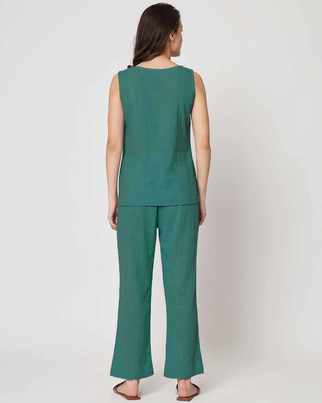 Forest Green Sleeveless Short Length Solid Co-ord Set