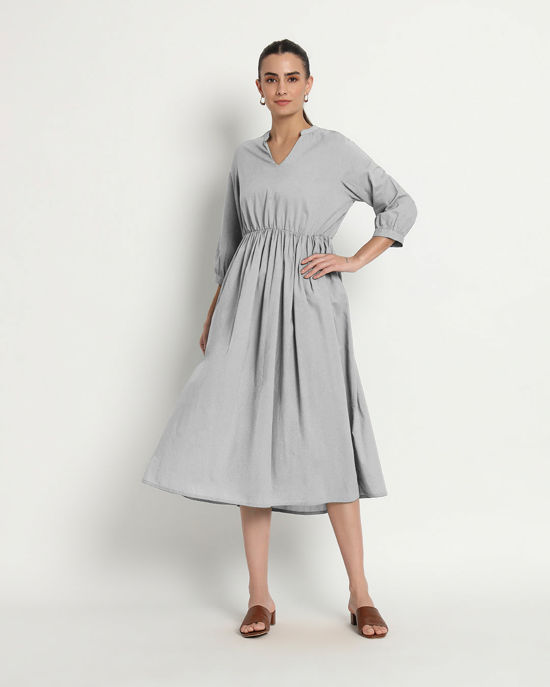 Iced Grey Gathered V-Neck Stretch Dress