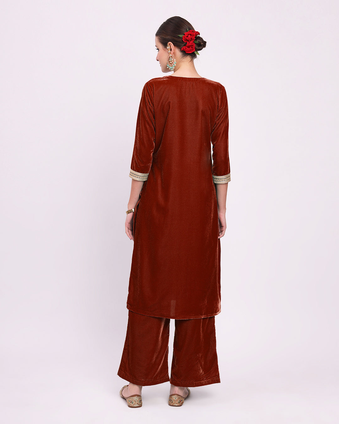 Russet Red Artisanal Glitz Velvet Kurta (Without Bottoms)