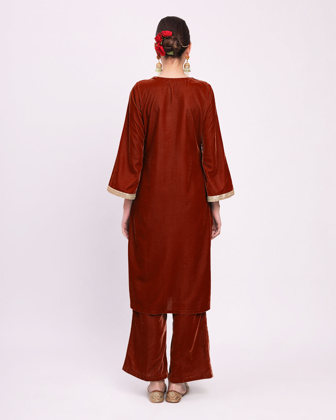 Russet Red Glimmer Crafted Luxe Velvet Kurta (Without Bottoms)
