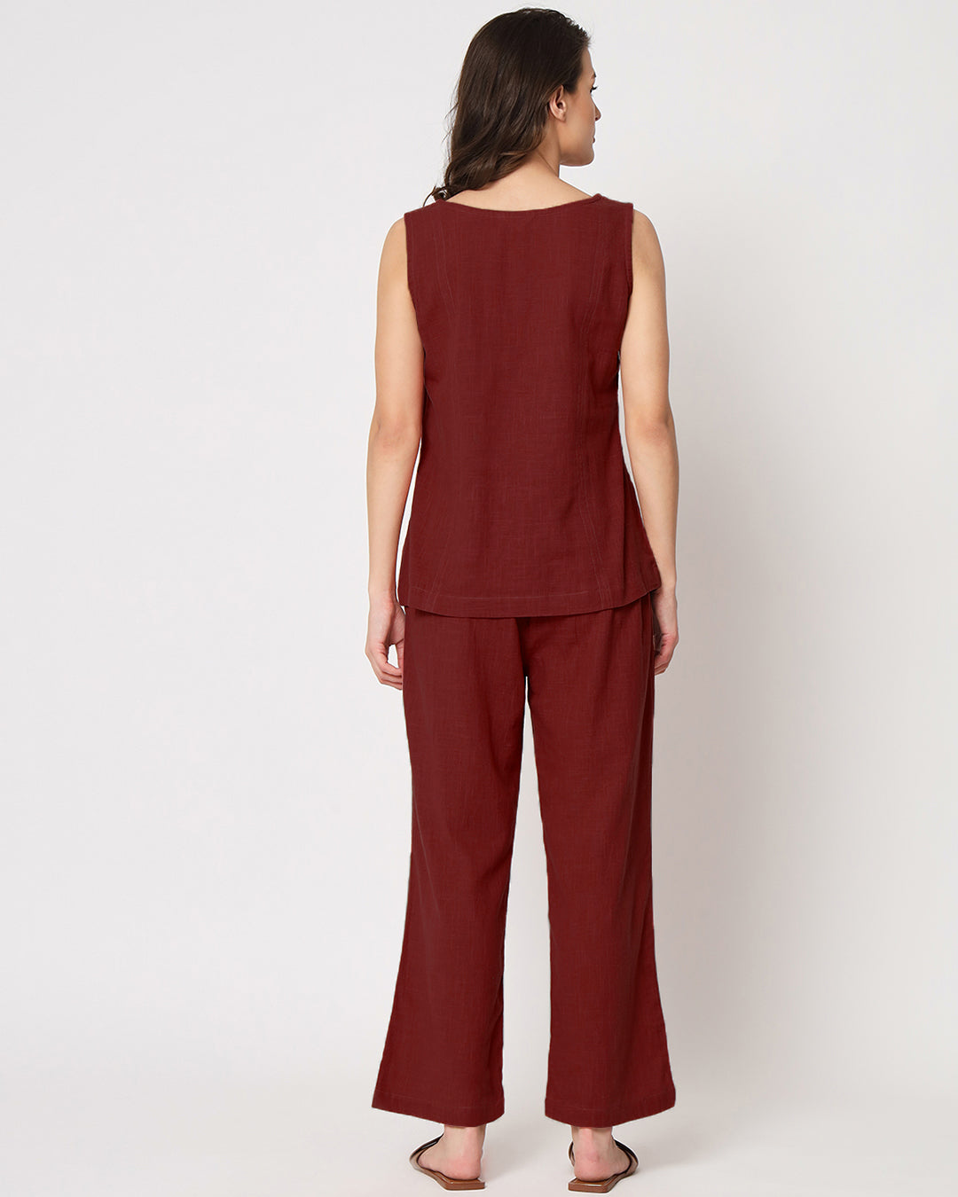 Russet Red Sleeveless Short Length Solid Top (Without Bottoms)