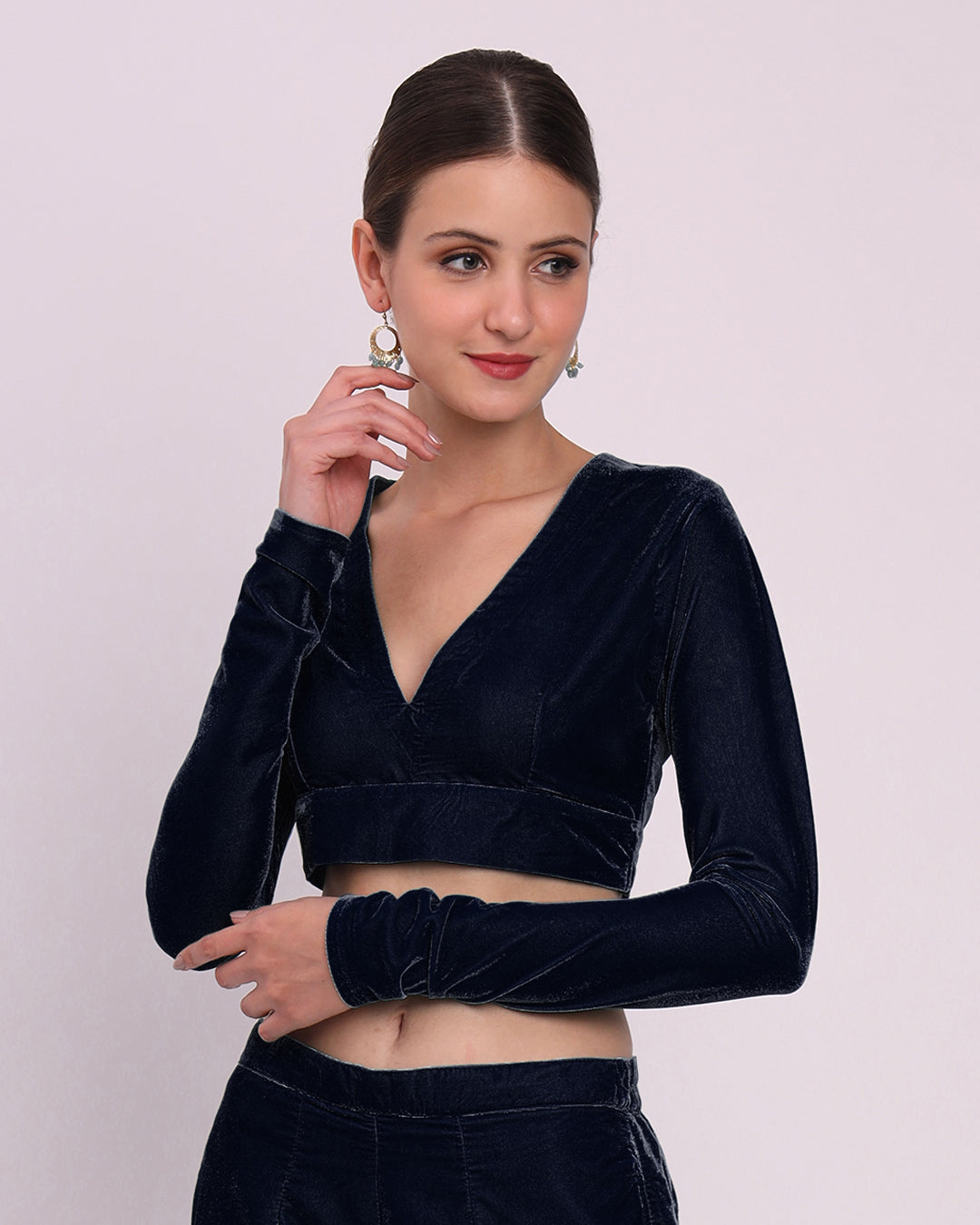 Midnight Blue Allure Deep V Velvet Blouse