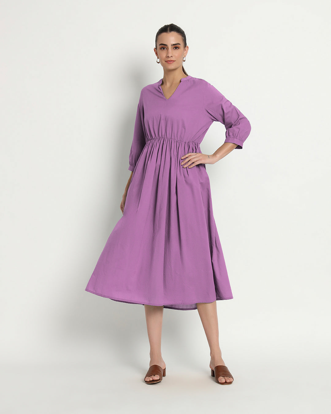 Wisteria Purple Gathered V-Neck Stretch Dress