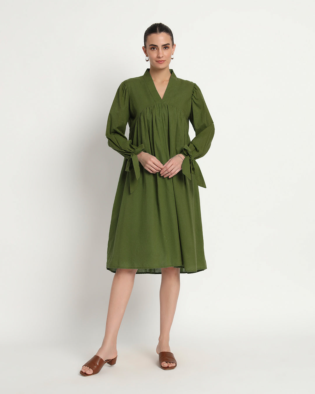 Greening Spring Bowtiful Gathering V Neck Dress