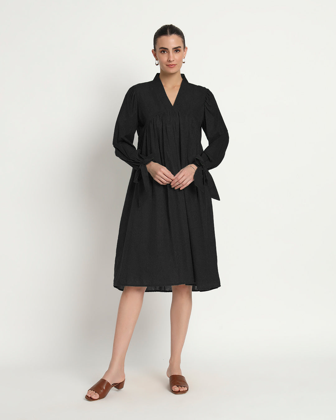 Classic Black Bowtiful Gathering V Neck Dress