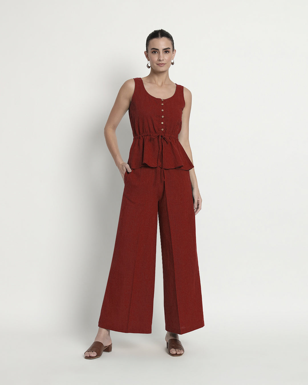 Russet Red Peplum Paradise Solid Co-ord Set
