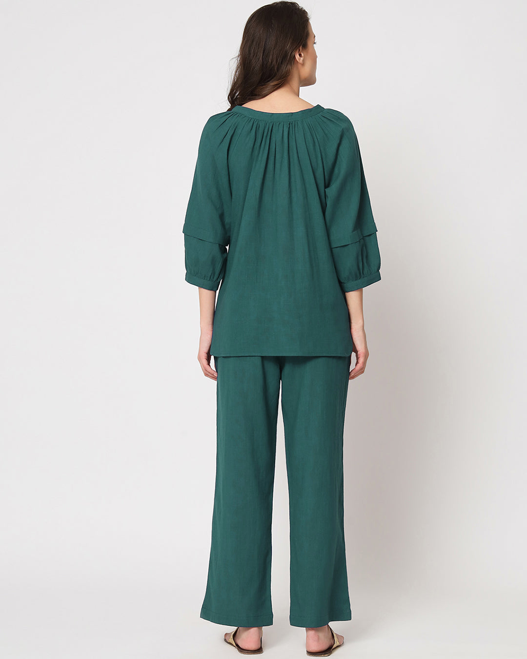 Forest Green Button Neck Solid Co-ord Set