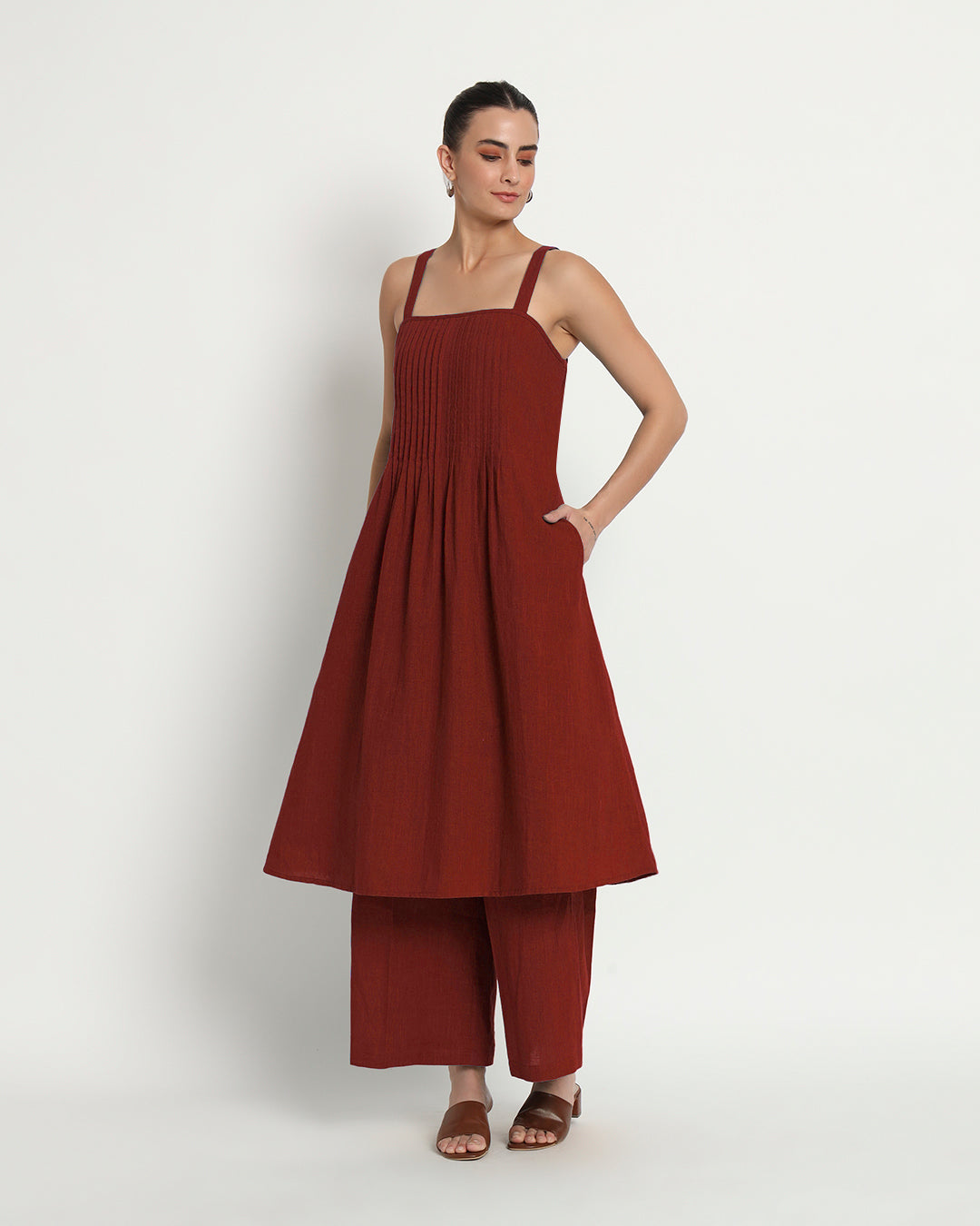 Russet Red Dreamy Flare Spaghetti Solid Co-ord Set