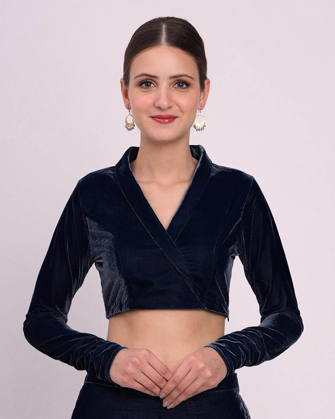 Combo: Midnight Blue & Green Gleam Wrap Fusion Velvet Blouse- Set of 2