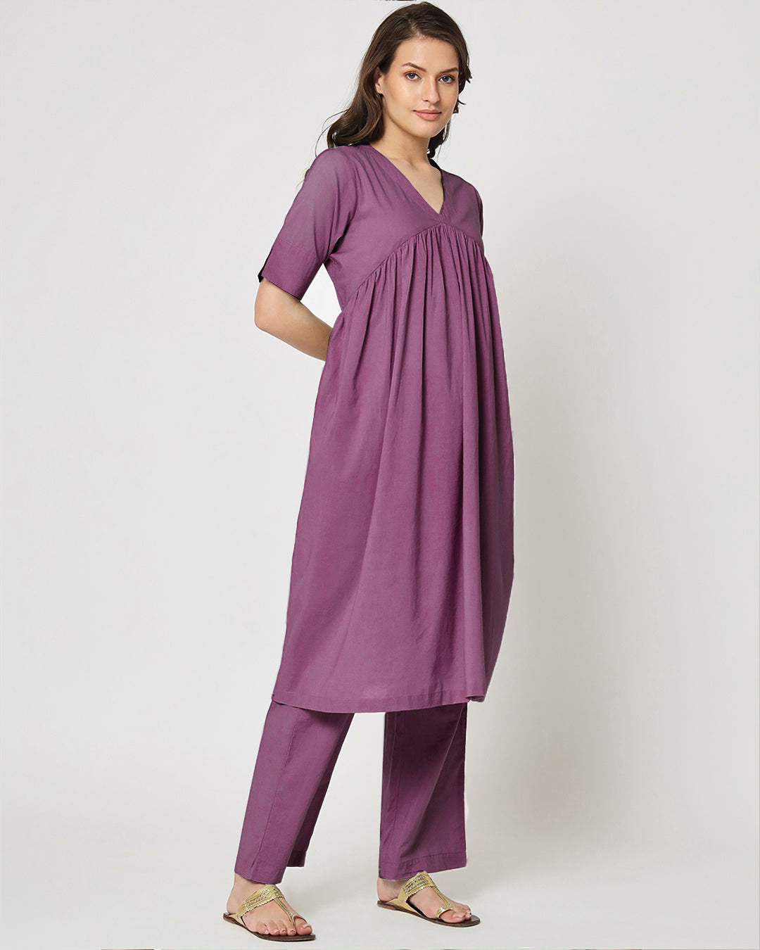 Wisteria Purple Gathered Solid Kurta (Without Bottoms)