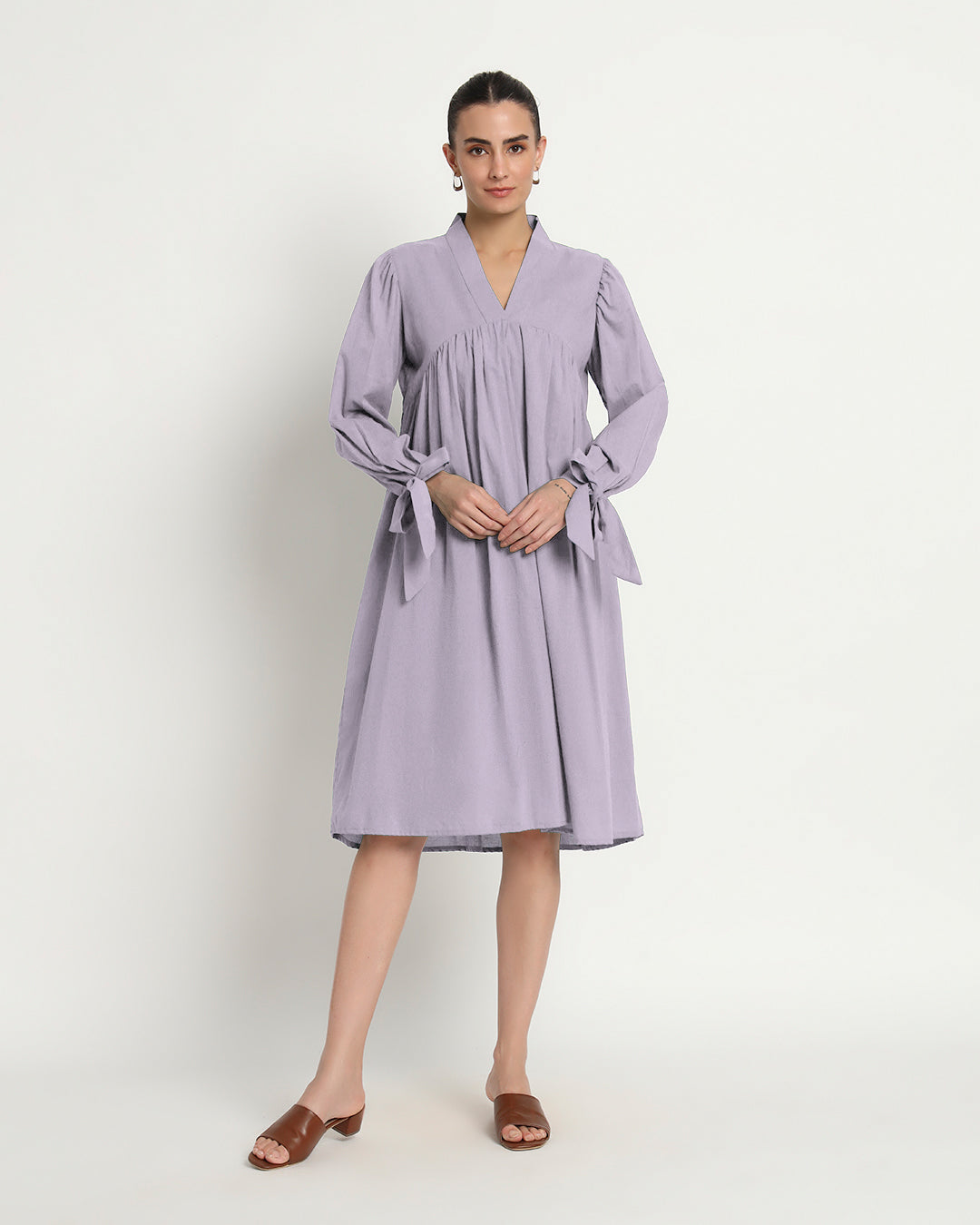 Lilac Bowtiful Gathering V Neck Dress