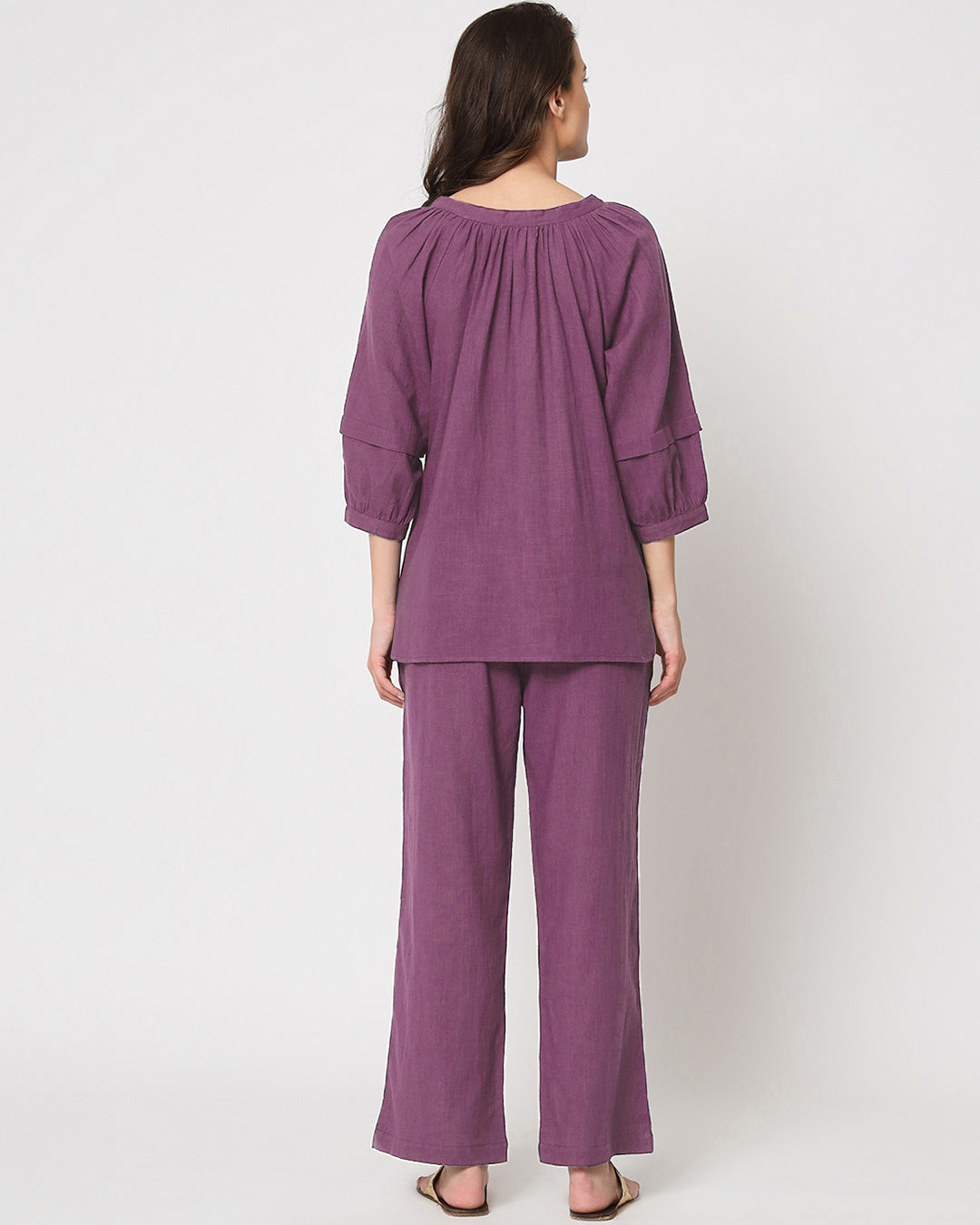 Wisteria Purple Button Neck Solid Top (Without Bottoms)