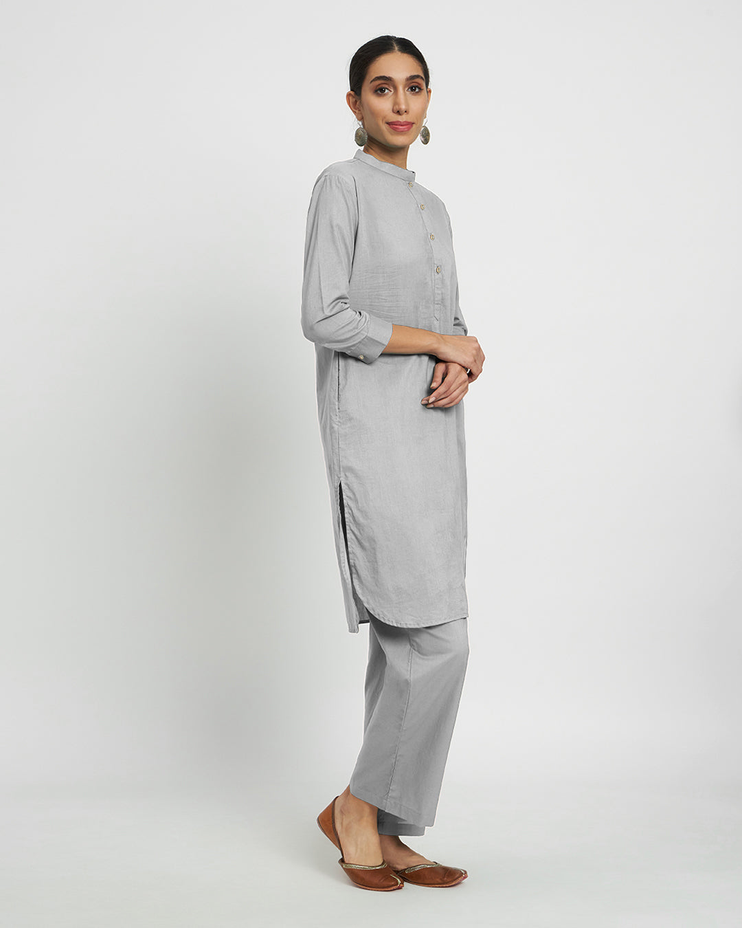 Iced Grey Modern Mandarin Collar Solid Kurta (Without Bottoms)