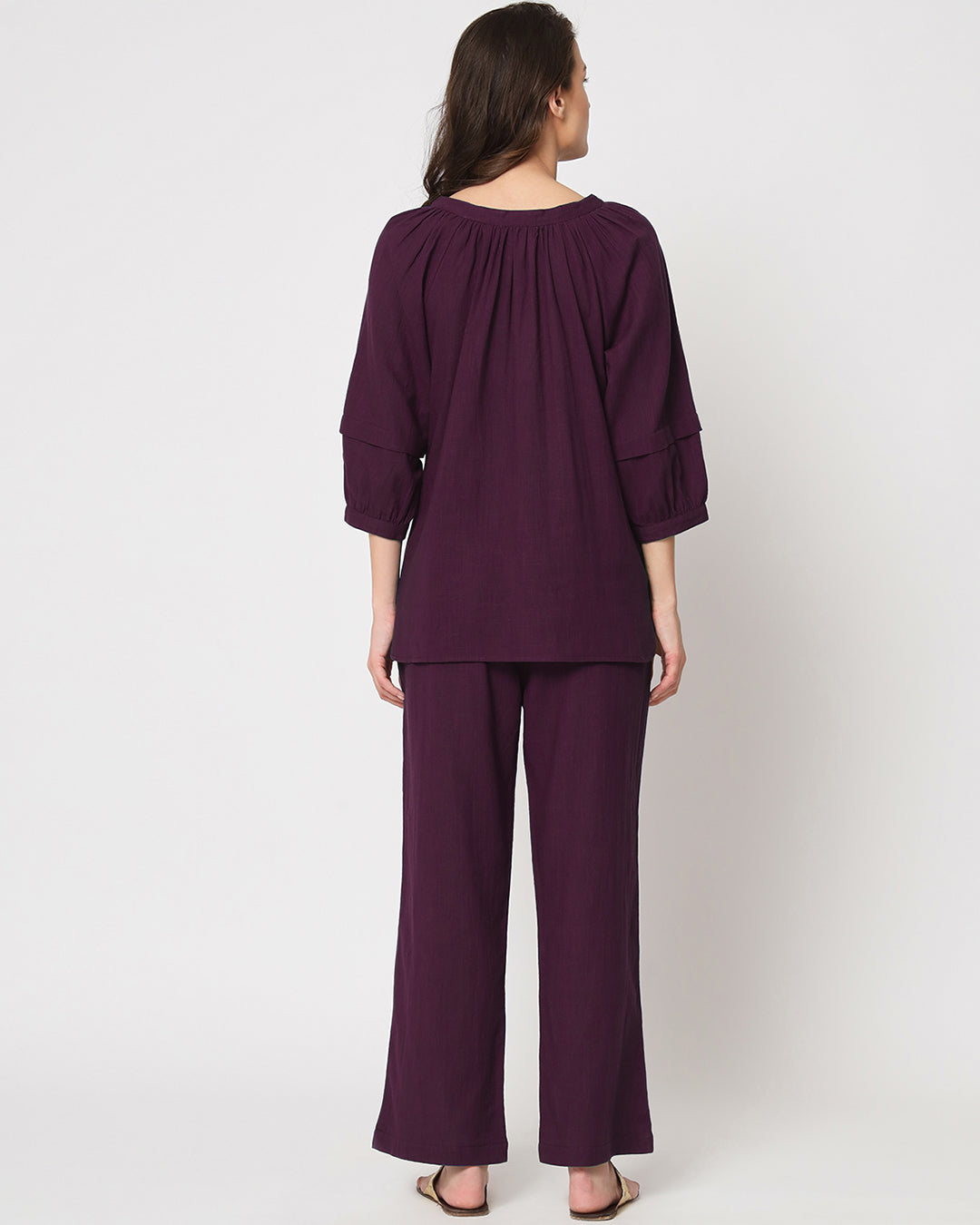 Plum Passion Button Neck Solid Top (Without Bottoms)