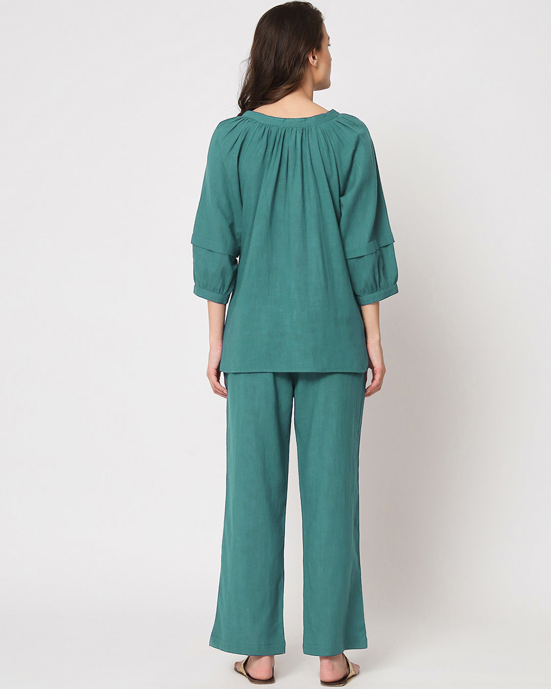 Forest Green Button Neck Solid Top (Without Bottoms)