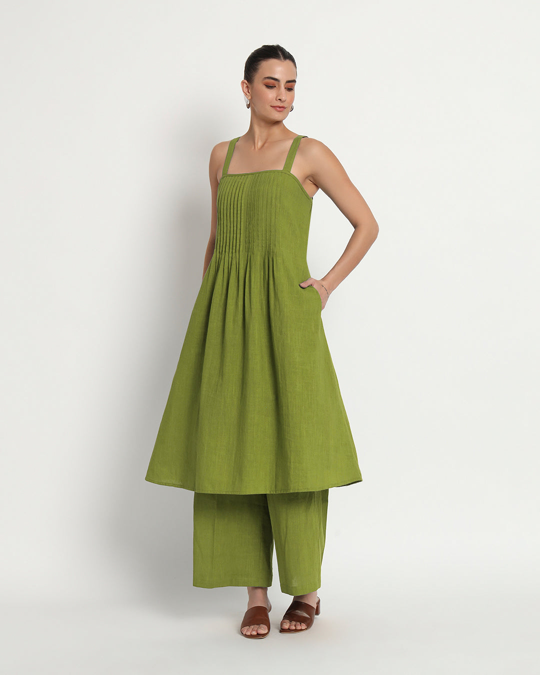 Sage Green Dreamy Flare Spaghetti Solid Co-ord Set