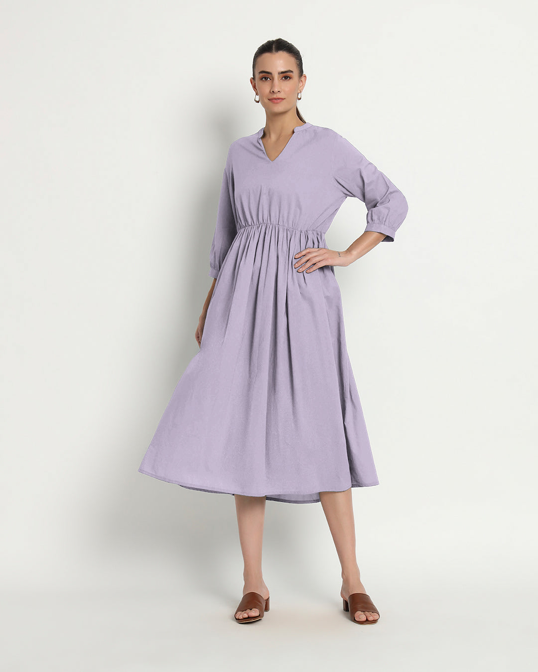 Lilac Gathered V-Neck Stretch Dress