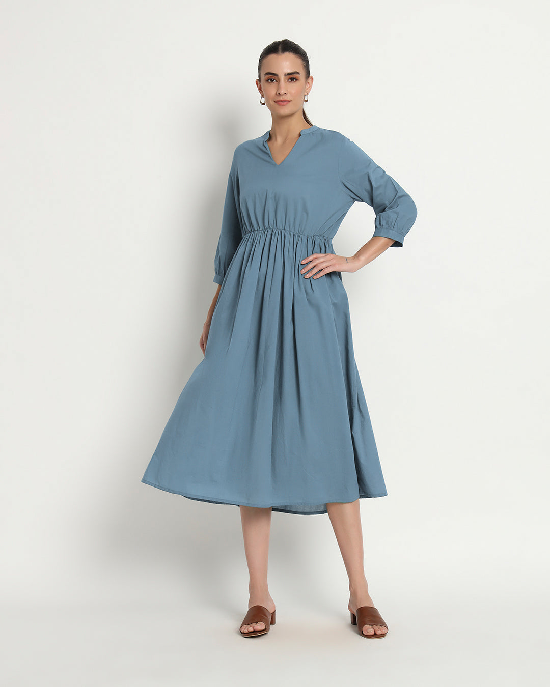 Blue Dawn Gathered V-Neck Stretch Dress