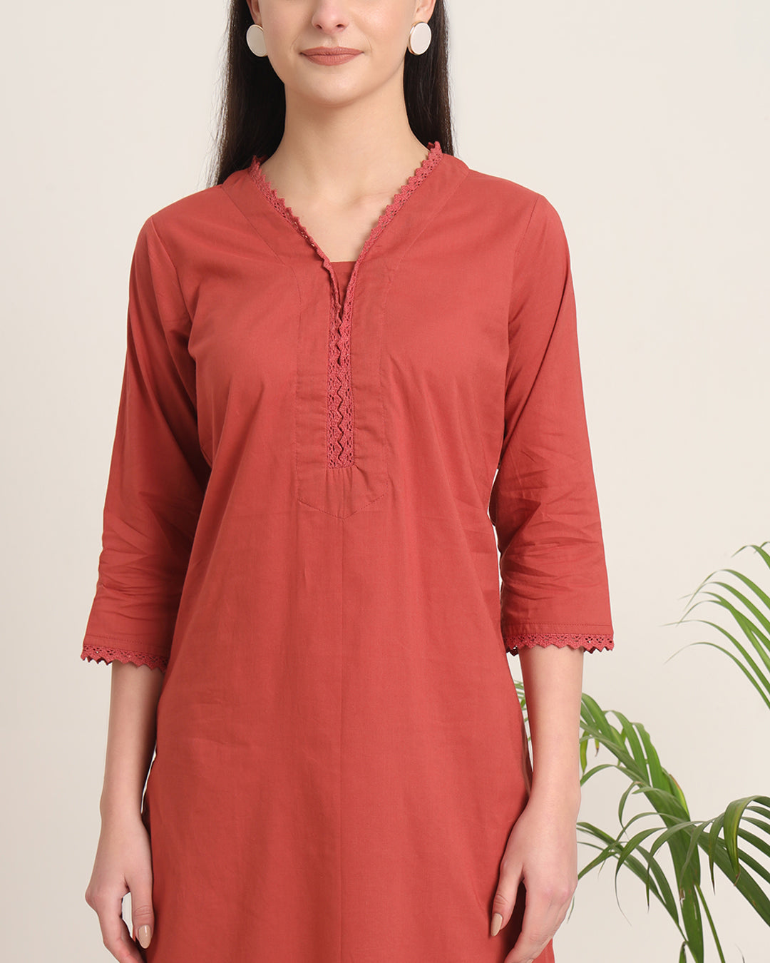 Russet Red Lace Affair Solid Kurta (Without Bottoms)