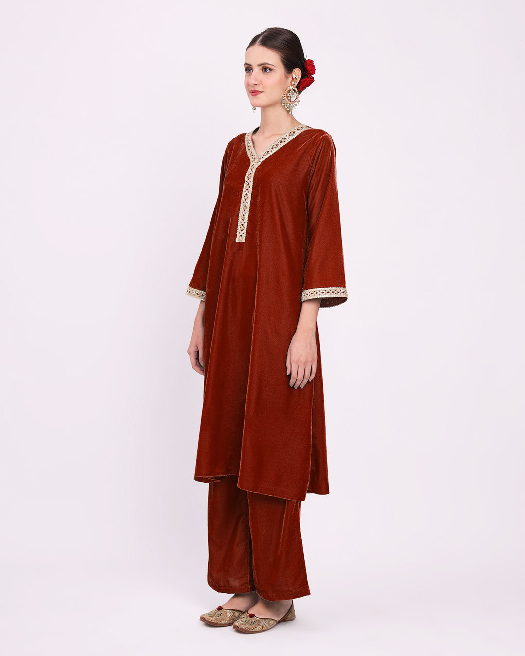 Russet Red Crafted Luxe Velvet Kurta (Without Bottoms)