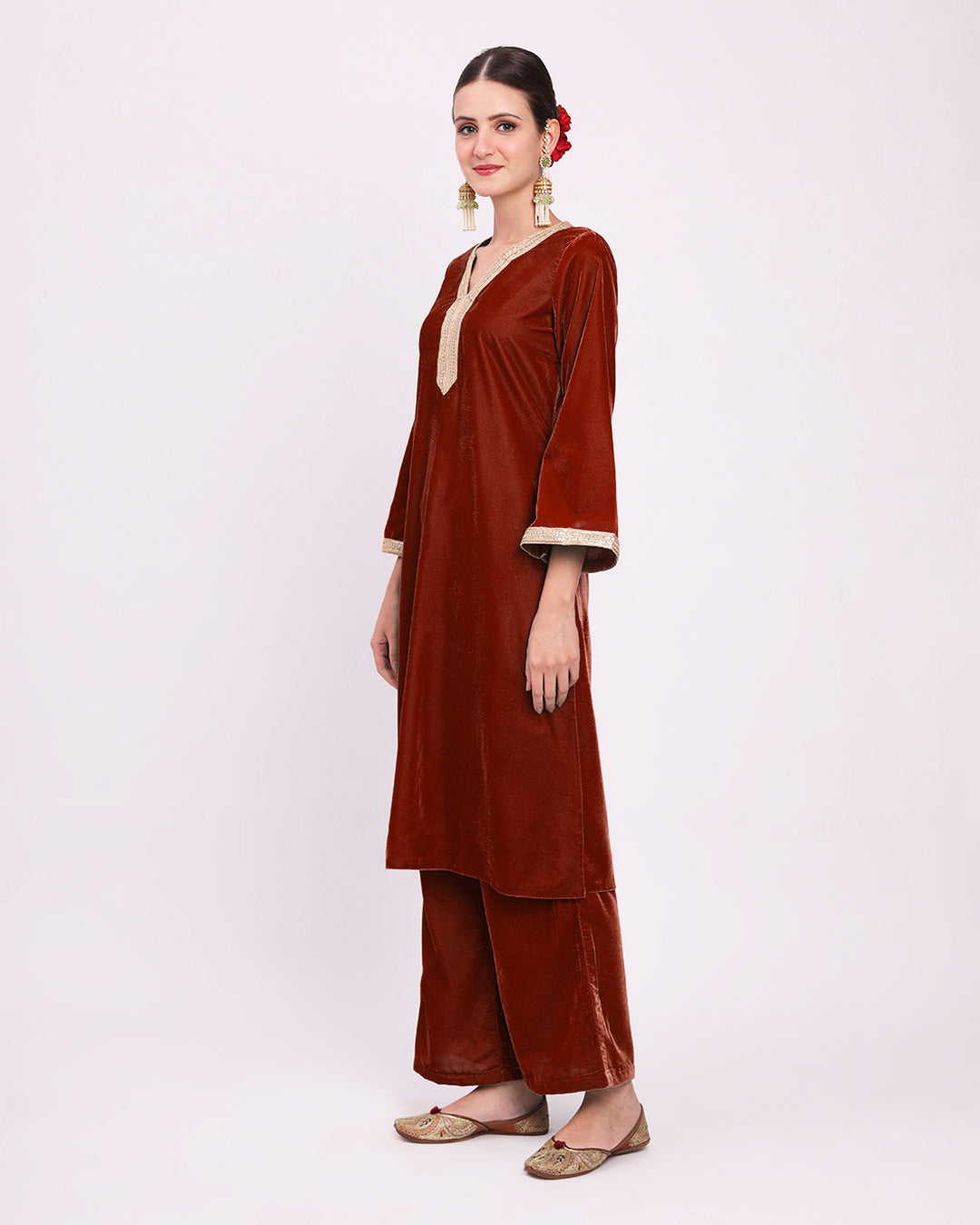 Russet Red Glimmer Crafted Luxe Velvet Kurta (Without Bottoms)