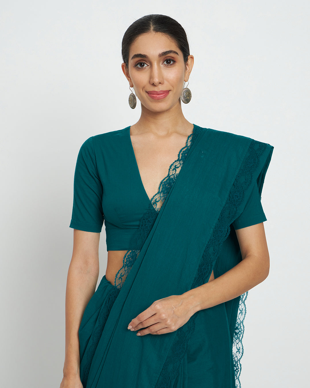 Deep Teal Allure Deep V Saree & Blouse Co-ord Set