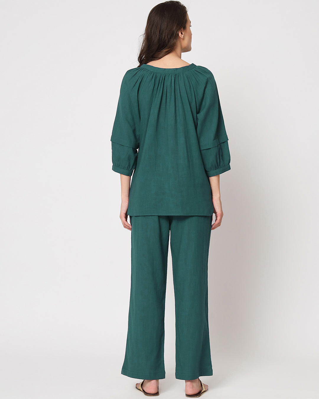 Deep Teal Button Neck Solid Top (Without Bottoms)