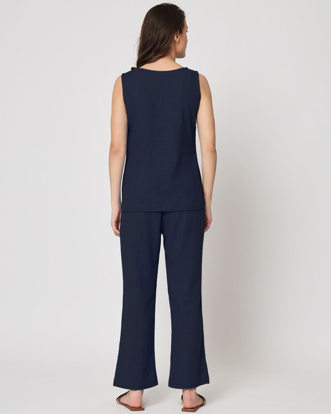 Midnight Blue Sleeveless Short Length Solid Top (Without Bottoms)