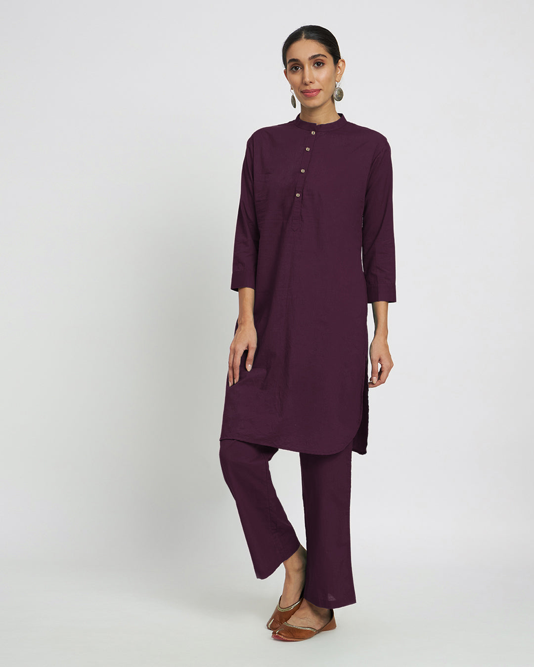 Plum Passion Modern Mandarin Collar Solid Co-ord Set