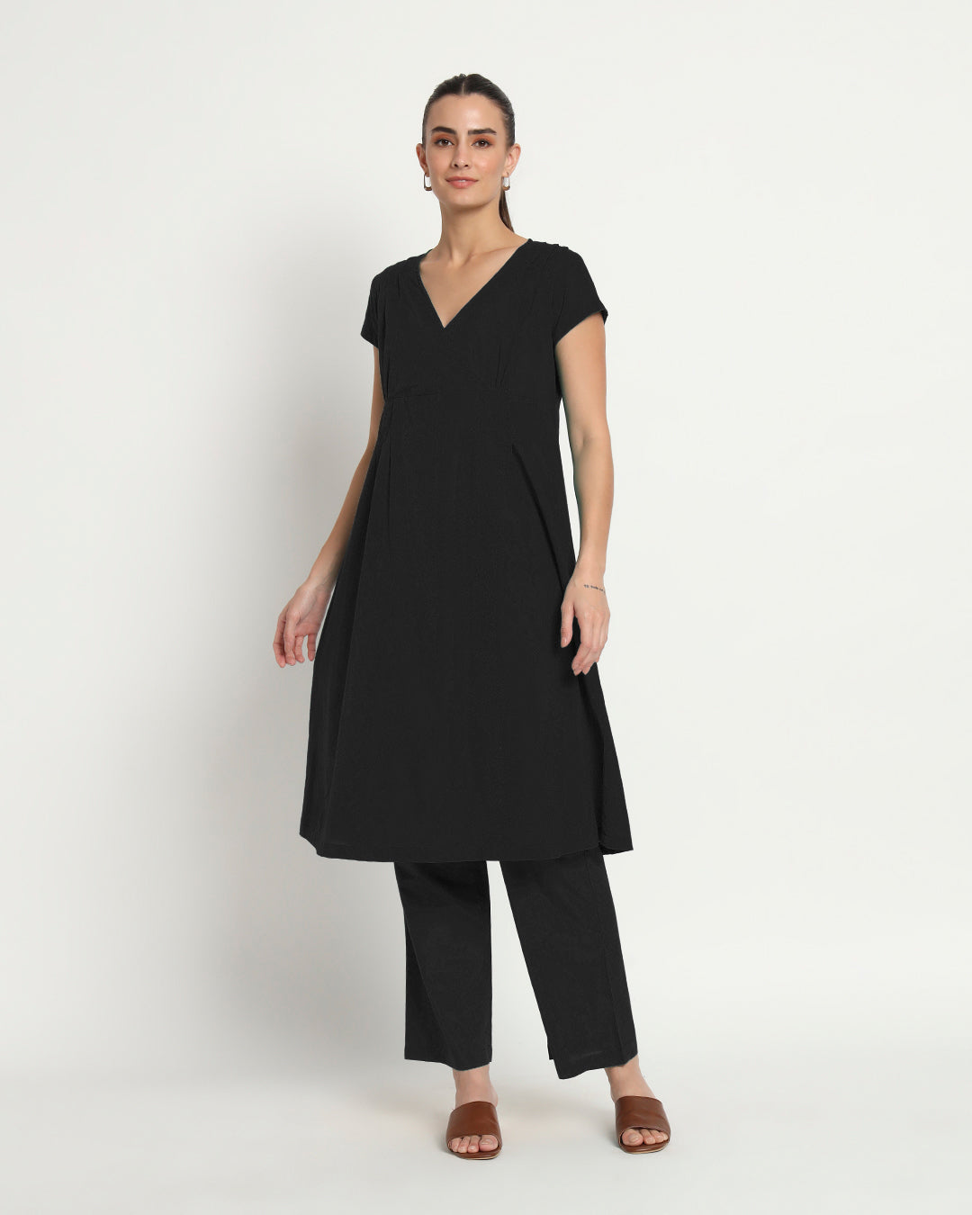 Classic Black Voguish Verve V Neck Solid Co-ord Set