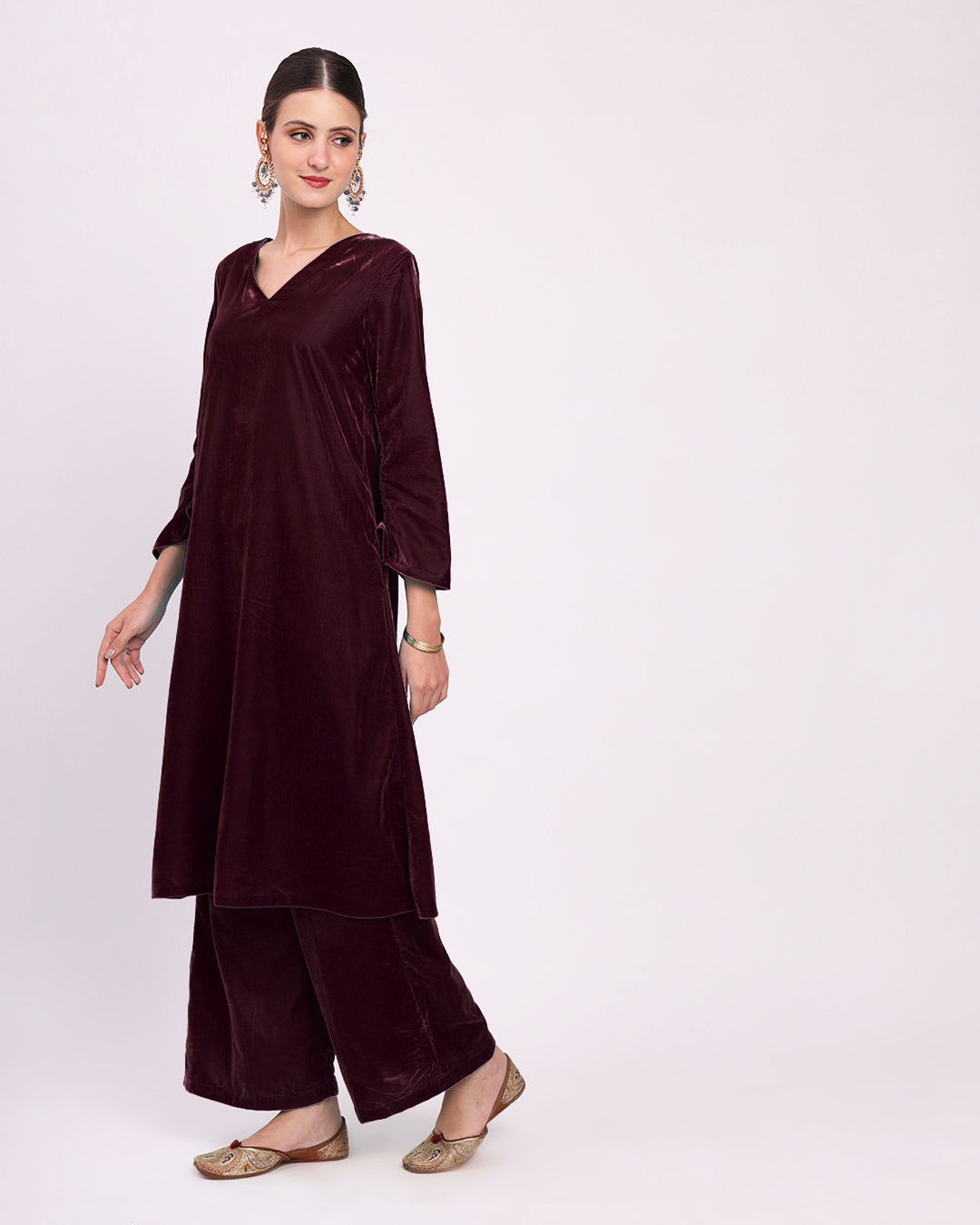 Plum Passion Gilded V Neck Velvet Co-ord Set