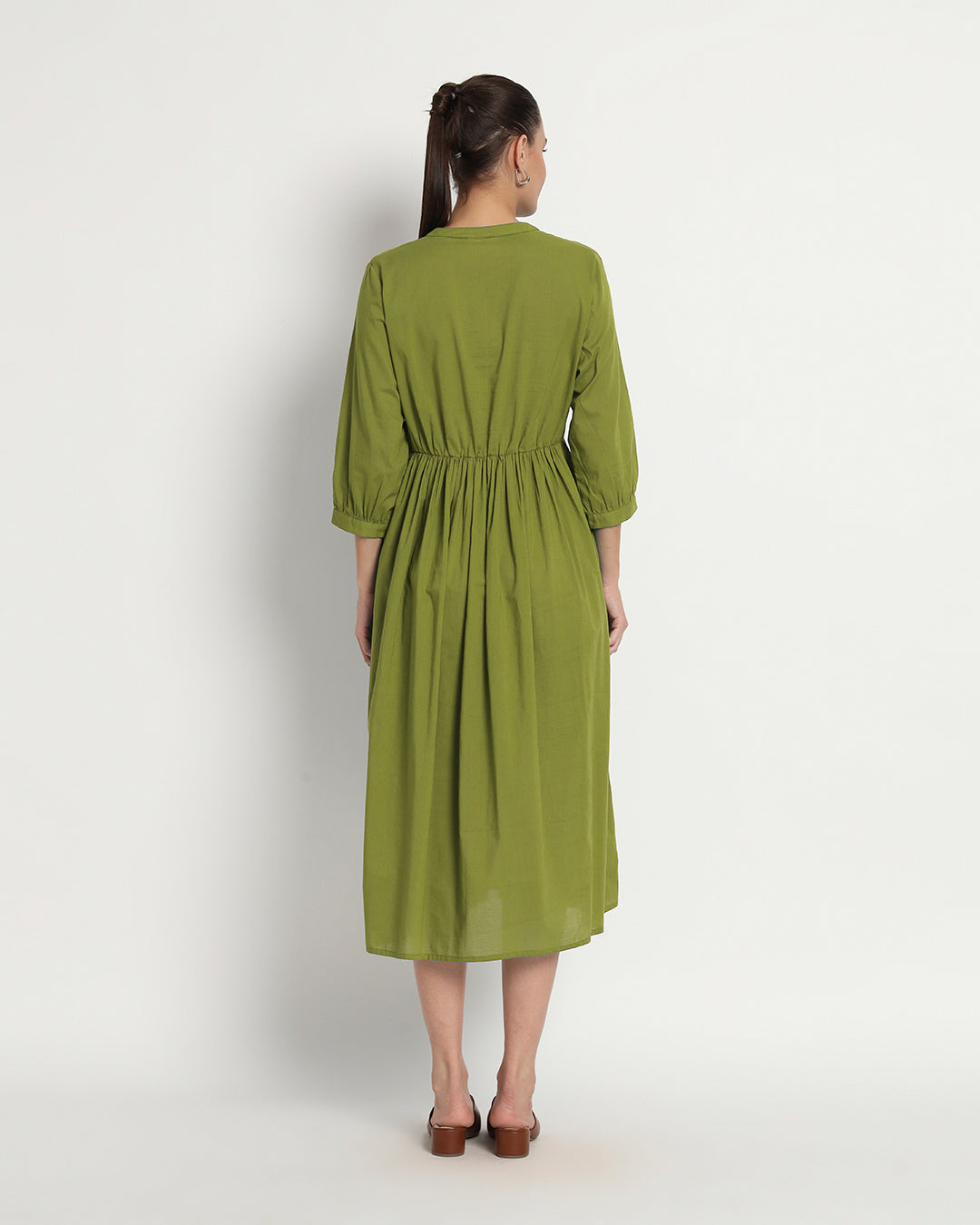 Sage Green Gathered V-Neck Stretch Dress