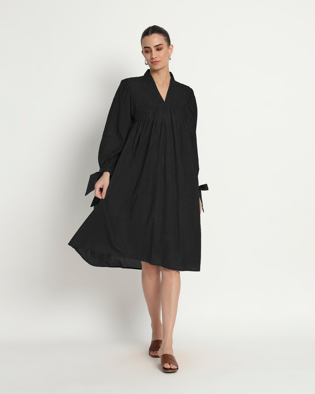 Classic Black Bowtiful Gathering V Neck Dress