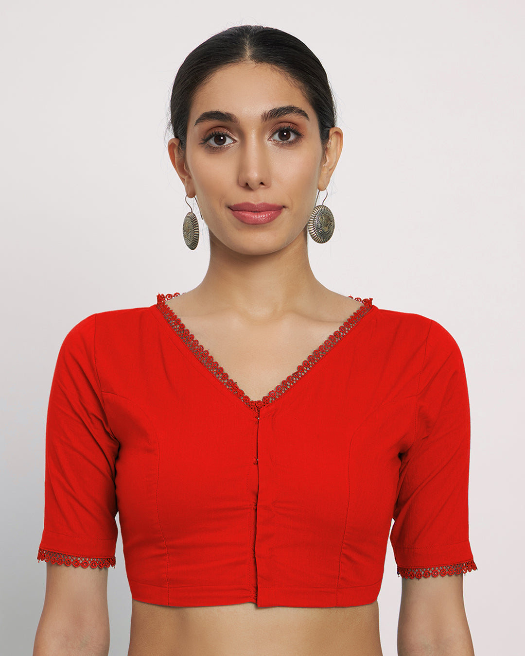 Combo: Midnight Blue & Classic Red V Neck Lace Medley Blouse- Set of 2
