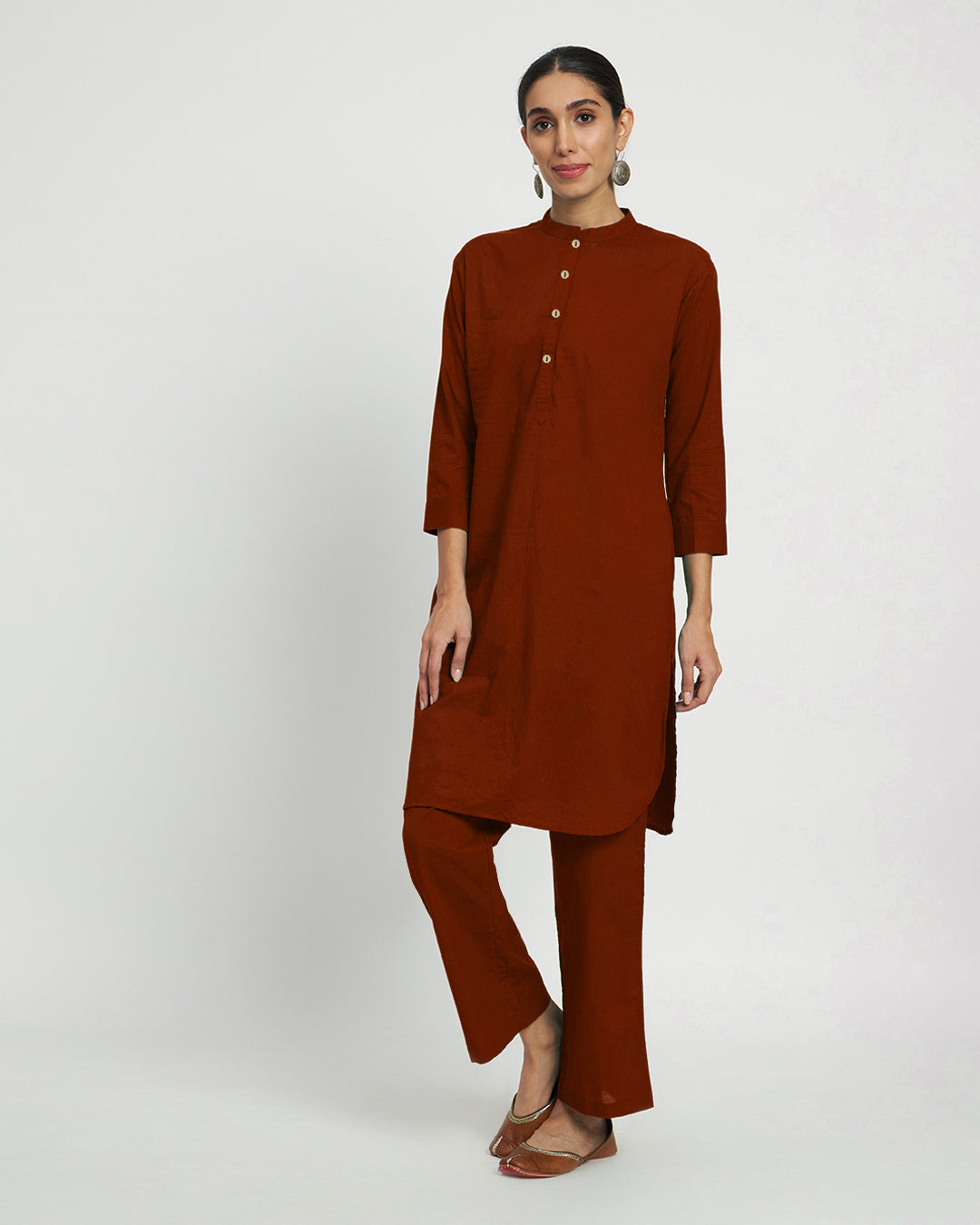 Russet Red Modern Mandarin Collar Solid Kurta (Without Bottoms)