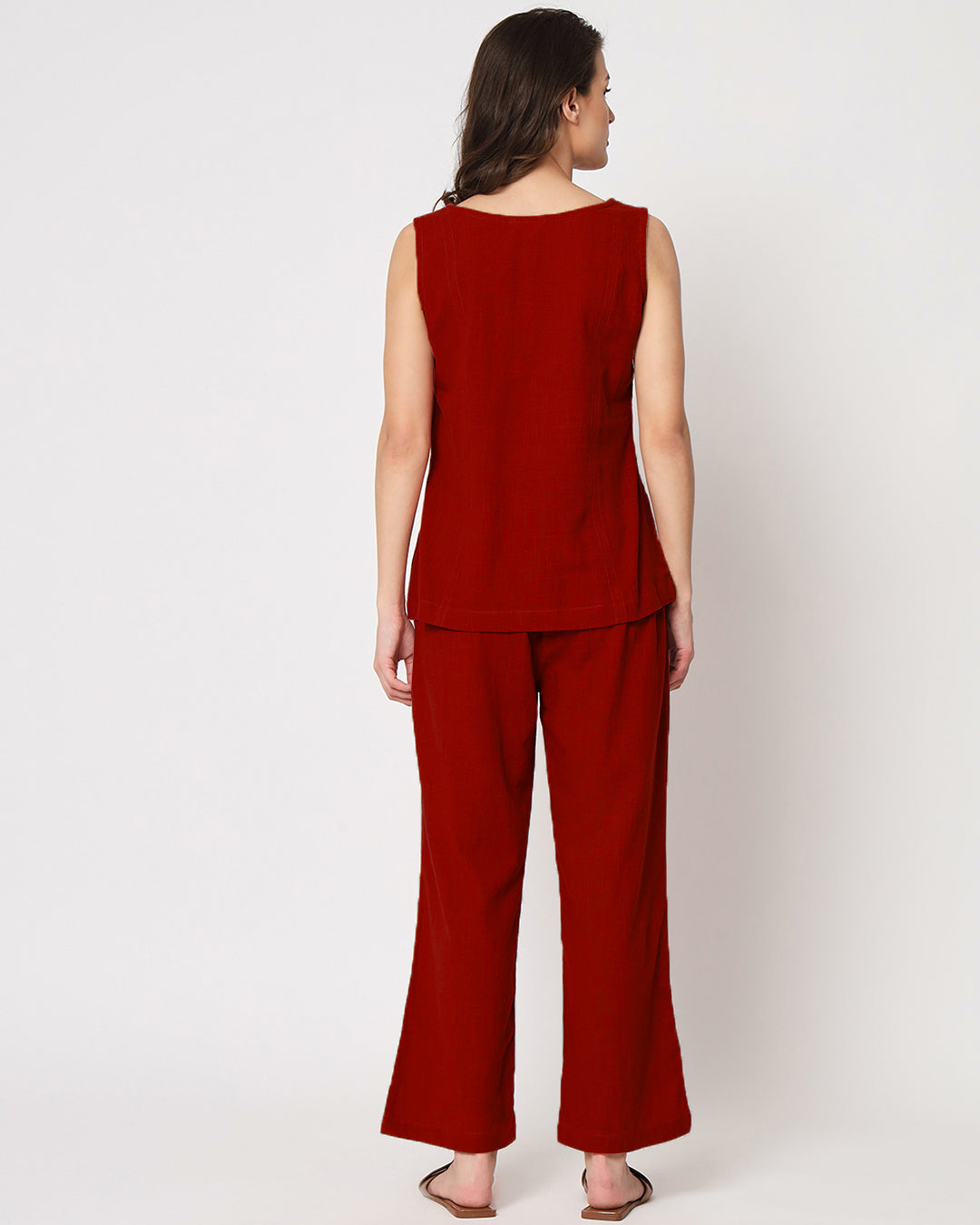 Classic Red Sleeveless Short Length Solid Co-ord Set