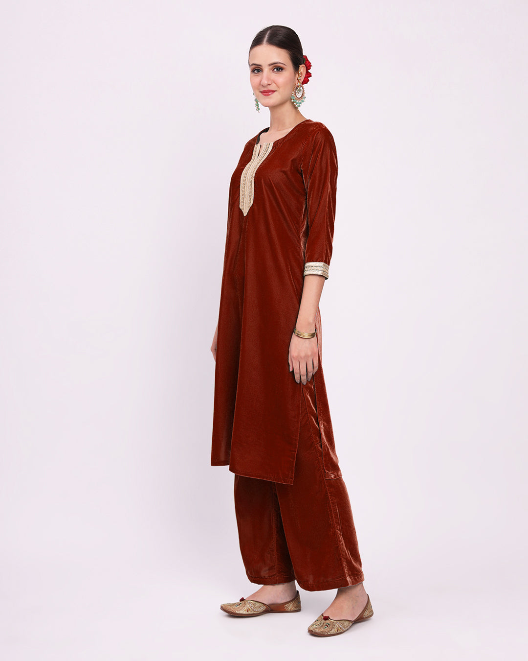 Russet Red Artisanal Glitz Velvet Kurta (Without Bottoms)