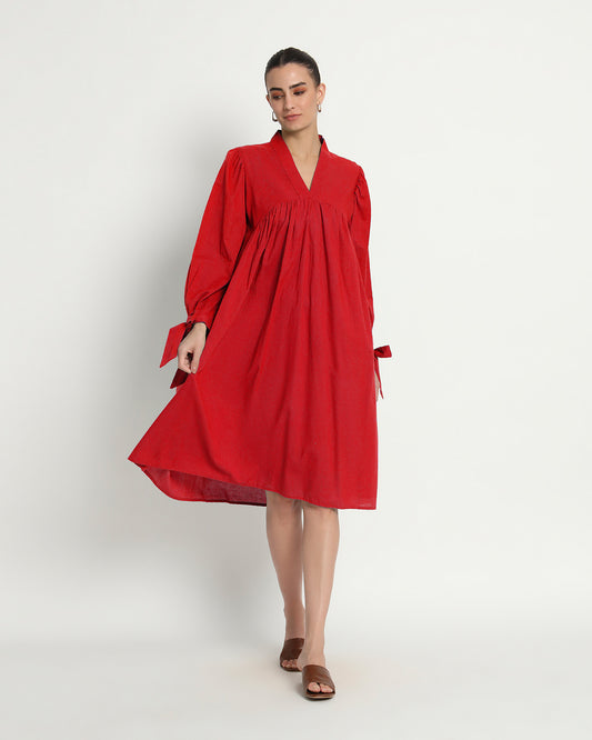 Classic Red Bowtiful Gathering V Neck Dress