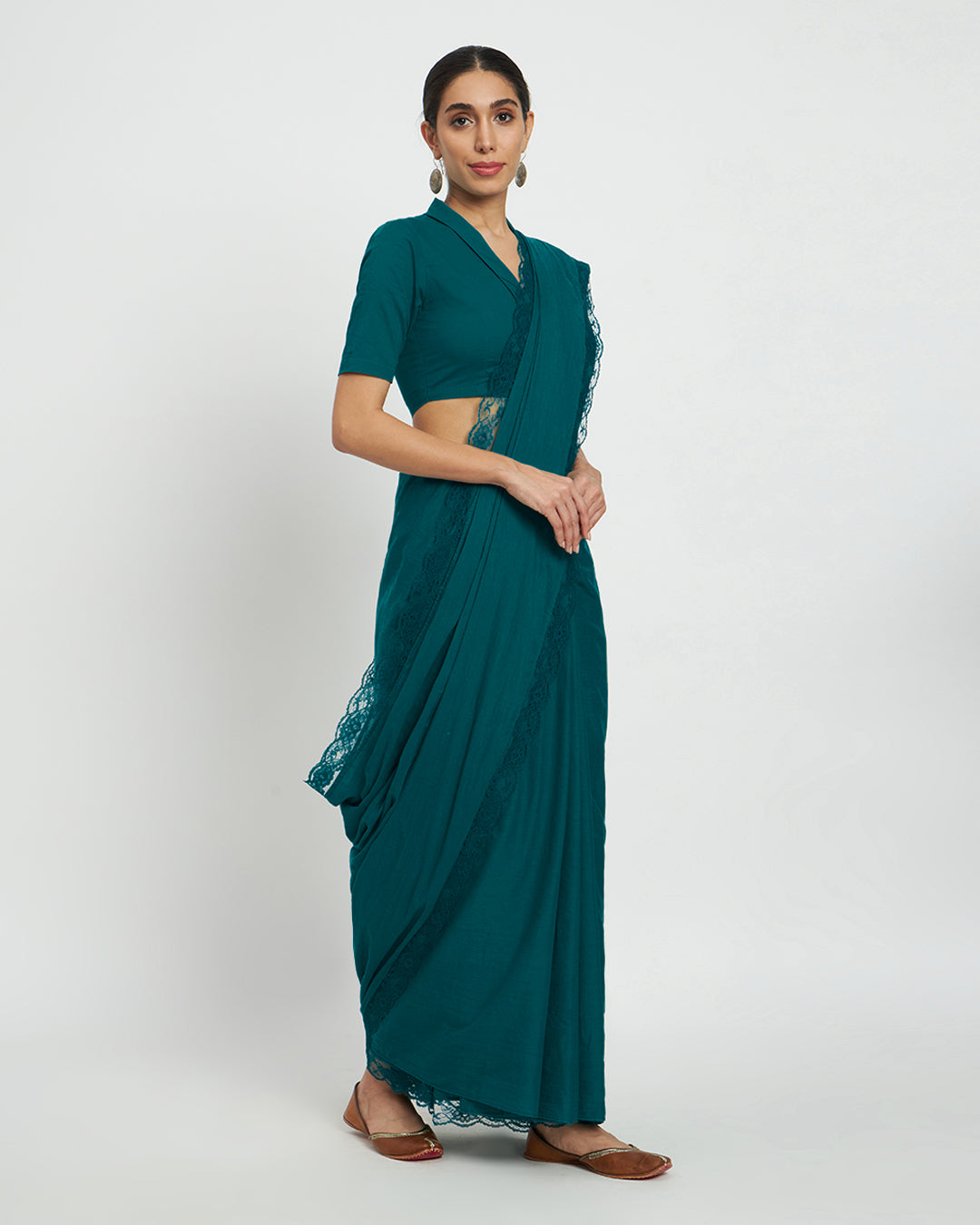 Deep Teal Lace Medley Cotton Saree