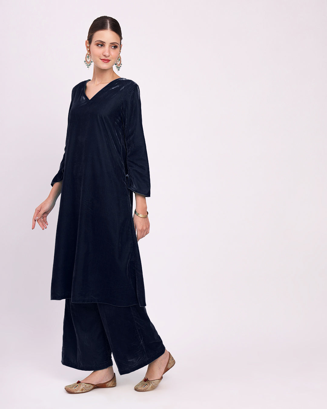 Midnight Blue Gilded V Neck Velvet Co-ord Set