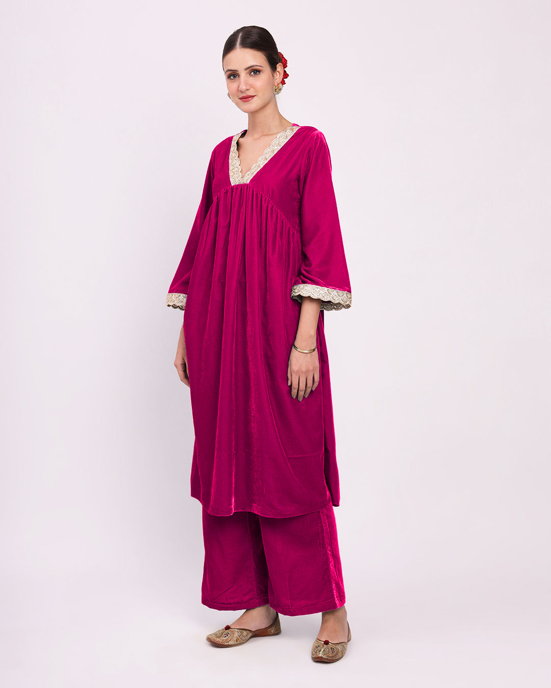 Queen's Gulabi Sparkling Elegance Velvet Gathered Kurta (Without Bottoms)